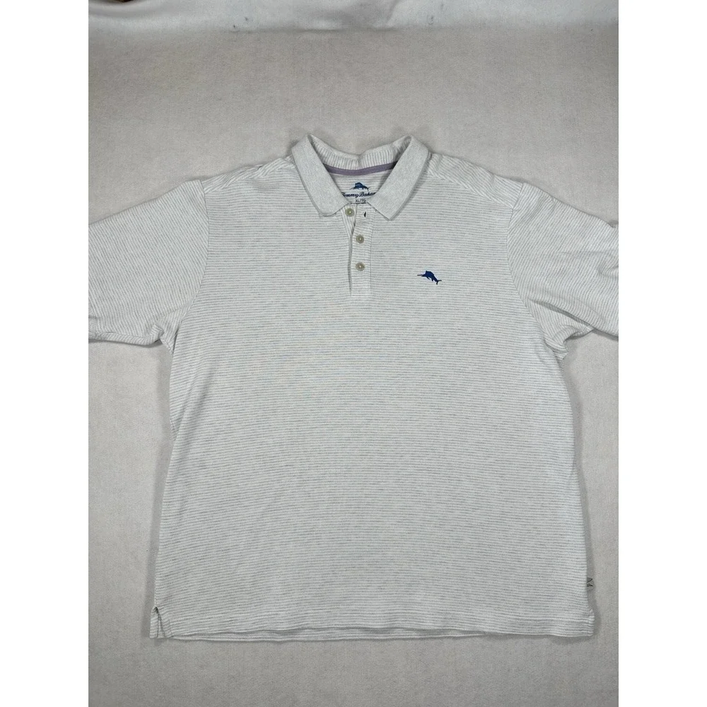 Tommy Bahama Men's Gray Striped Polo Marlin Logo Short Sleeve Shirt - Size XL - Picture 2 of 10